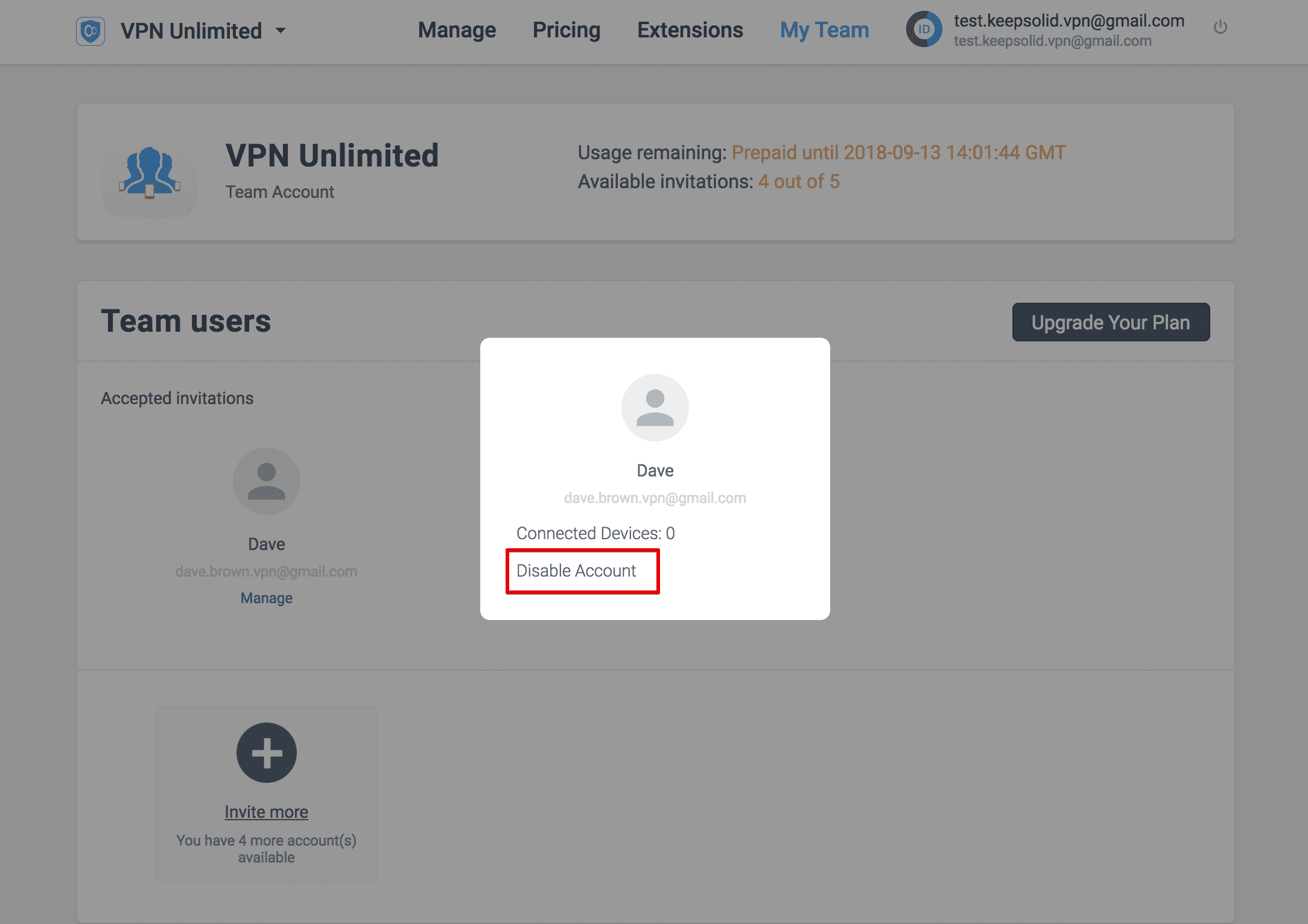 Управление аккаунтами в VPN Unlimited
